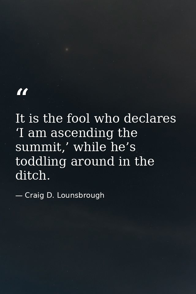 It is the fool who declares ‘I am ascending the summit,’ while he’s toddling around in the ditch. — Craig D. Lounsbrough