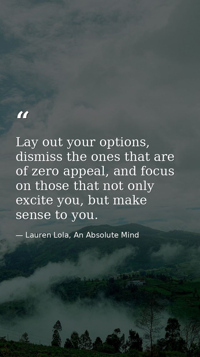 Lay out your options, dismiss the ones that are of zero appeal, and focus on those that not only excite you, but make se — Lauren Lola, An Absolute Mind