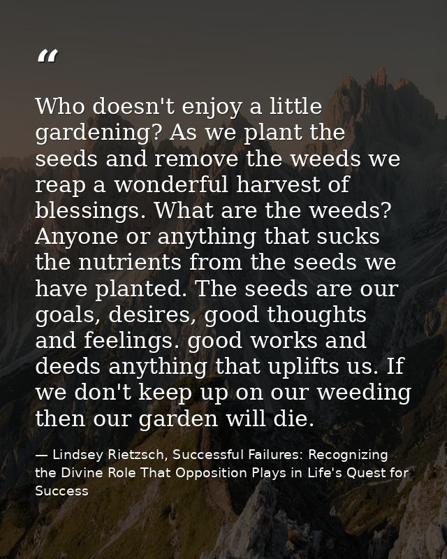 Who doesn't enjoy a little gardening? As we plant the seeds and remove the weeds we reap a wonderful harvest of blessing — Lindsey Rietzsch, Successful Failures: Recognizing the Divine Role That Opposition Plays in Life's Quest for Success