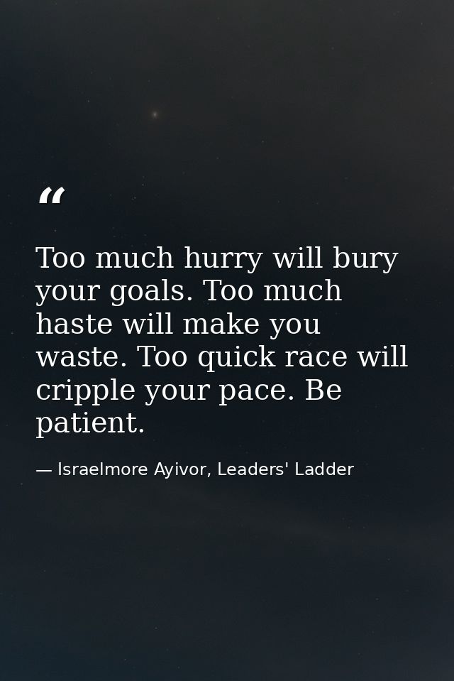 Too much hurry will bury your goals. Too much haste will make you waste. Too quick race will cripple your pace. Be patie — Israelmore Ayivor, Leaders' Ladder