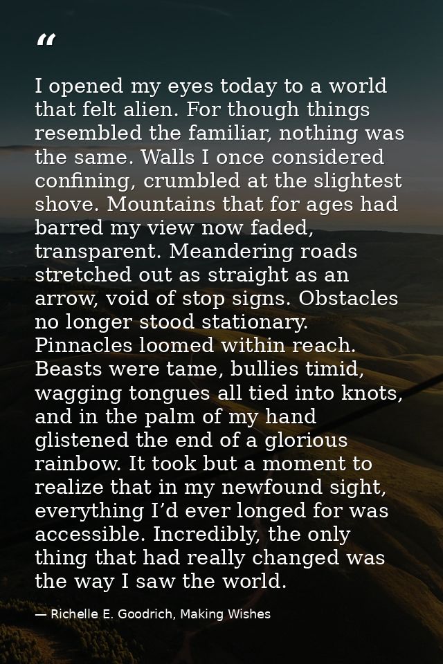 I opened my eyes today to a world that felt alien. For though things resembled the familiar, nothing was the same. Walls — Richelle E. Goodrich, Making Wishes