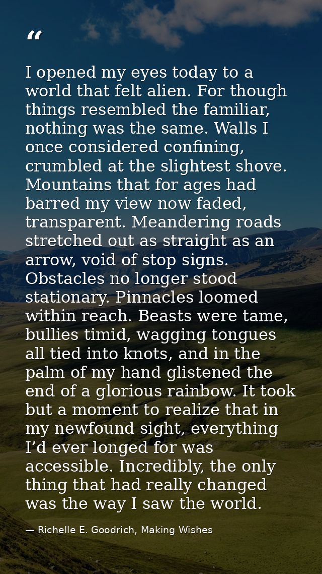 I opened my eyes today to a world that felt alien. For though things resembled the familiar, nothing was the same. Walls — Richelle E. Goodrich, Making Wishes