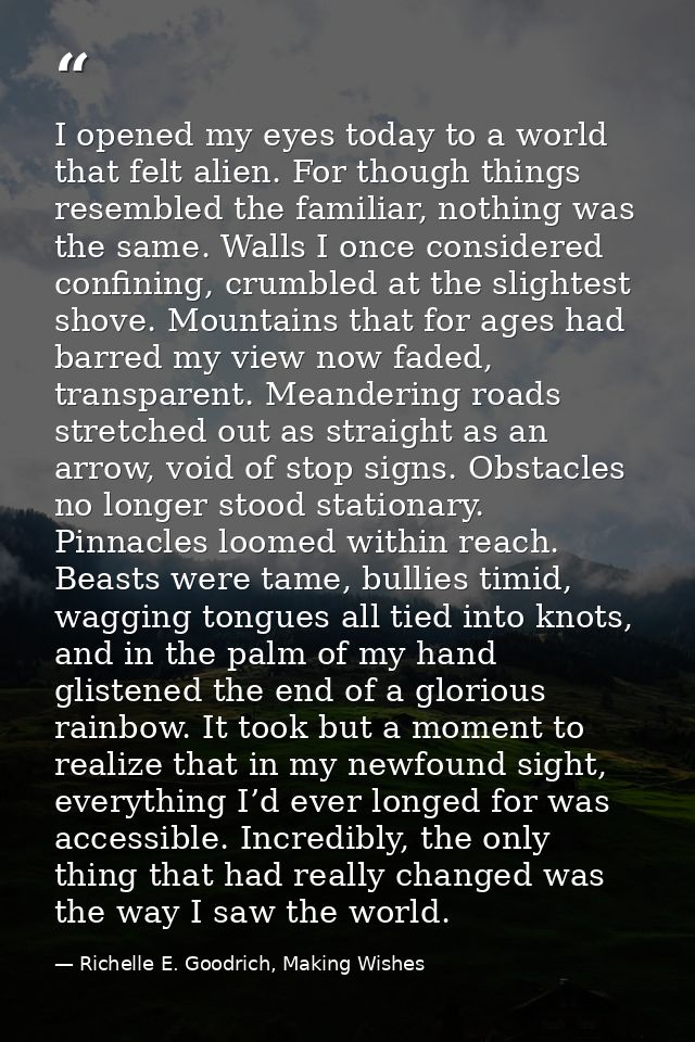 I opened my eyes today to a world that felt alien. For though things resembled the familiar, nothing was the same. Walls — Richelle E. Goodrich, Making Wishes