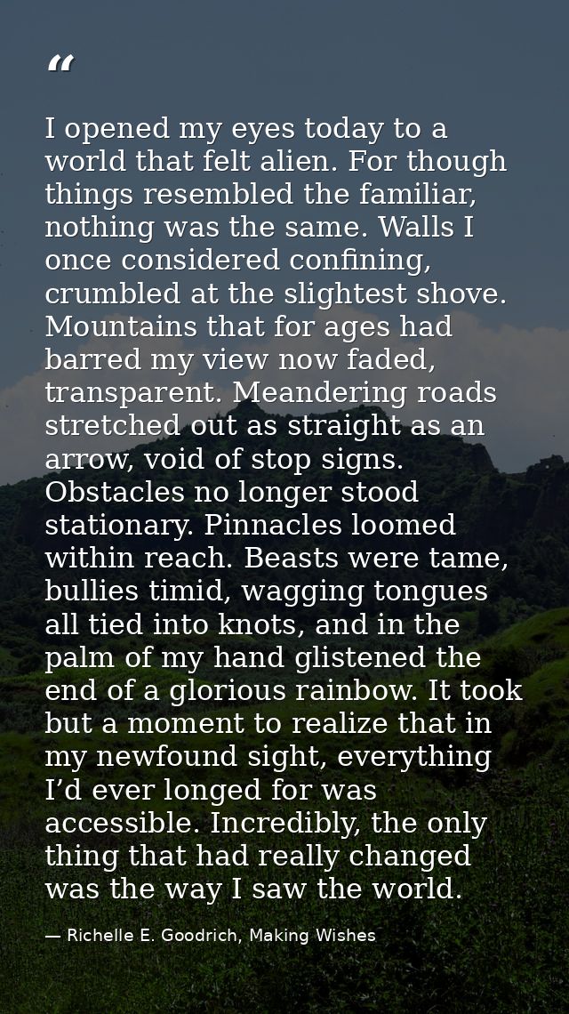 I opened my eyes today to a world that felt alien. For though things resembled the familiar, nothing was the same. Walls — Richelle E. Goodrich, Making Wishes
