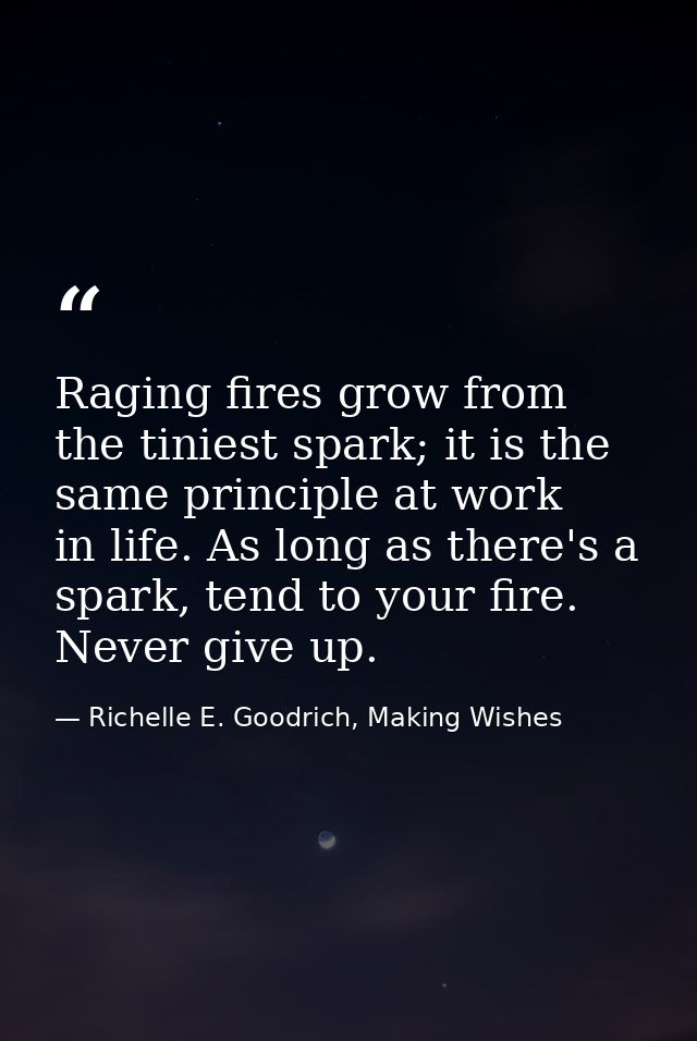 Raging fires grow from the tiniest spark; it is the same principle at work in life. As long as there's a spark, tend to  — Richelle E. Goodrich, Making Wishes