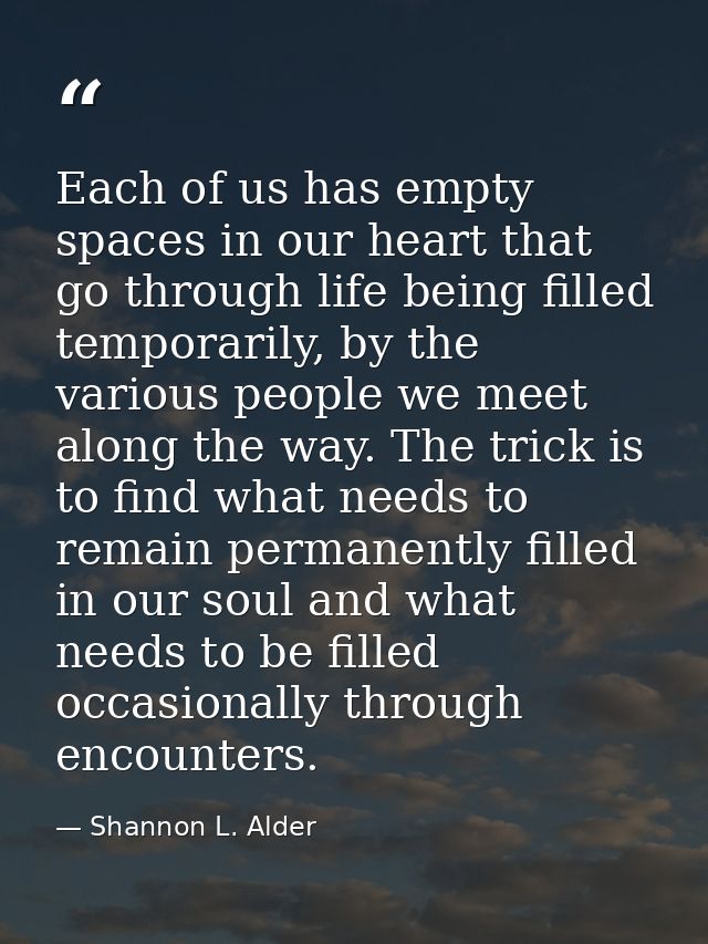 Each of us has empty spaces in our heart that go through life being filled temporarily, by the various people we meet al — Shannon L. Alder