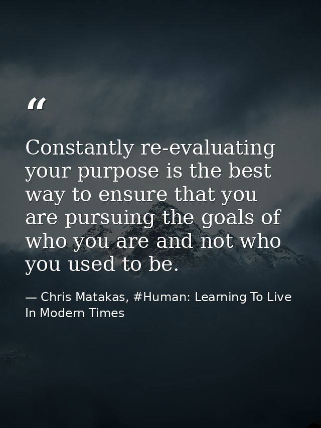 Constantly re-evaluating your purpose is the best way to ensure that you are pursuing the goals of who you are and not w — Chris Matakas, #Human: Learning To Live In Modern Times