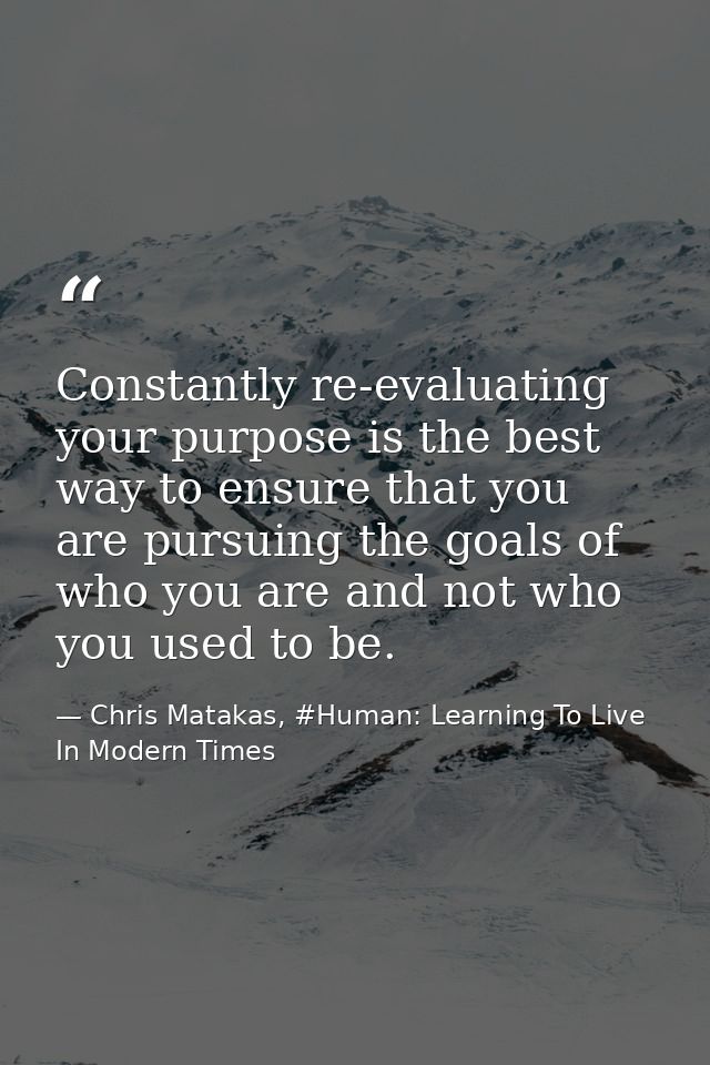 Constantly re-evaluating your purpose is the best way to ensure that you are pursuing the goals of who you are and not w — Chris Matakas, #Human: Learning To Live In Modern Times