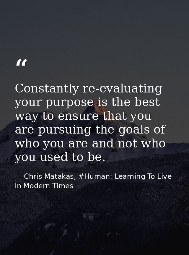 Constantly re-evaluating your purpose is the best way to ensure that you are pursuing the goals of who you are and not w — Chris Matakas, #Human: Learning To Live In Modern Times