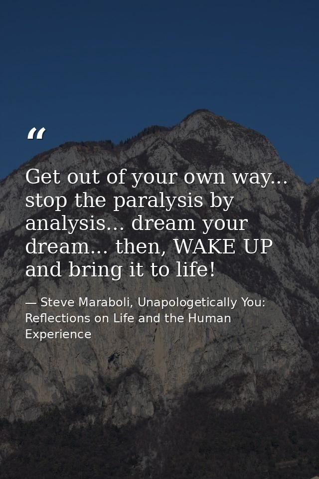 Get out of your own way... stop the paralysis by analysis... dream your dream... then, WAKE UP and bring it to life! — Steve Maraboli, Unapologetically You: Reflections on Life and the Human Experience
