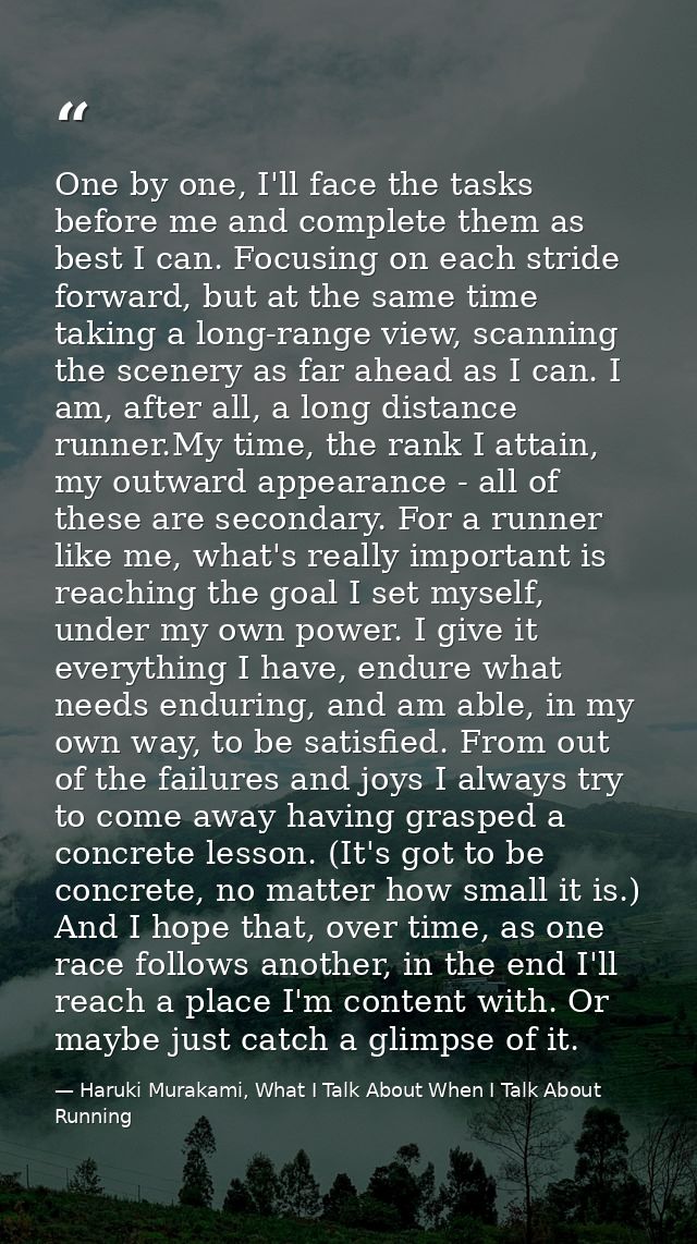 One by one, I'll face the tasks before me and complete them as best I can. Focusing on each stride forward, but at the s — Haruki Murakami, What I Talk About When I Talk About Running
