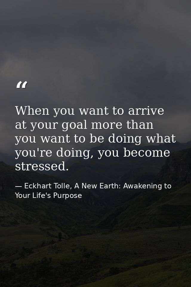 When you want to arrive at your goal more than you want to be doing what you're doing, you become stressed. — Eckhart Tolle, A New Earth: Awakening to Your Life's Purpose