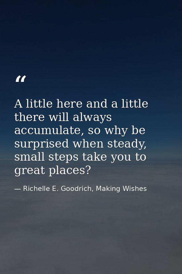 A little here and a little there will always accumulate, so why be surprised when steady, small steps take you to great  — Richelle E. Goodrich, Making Wishes