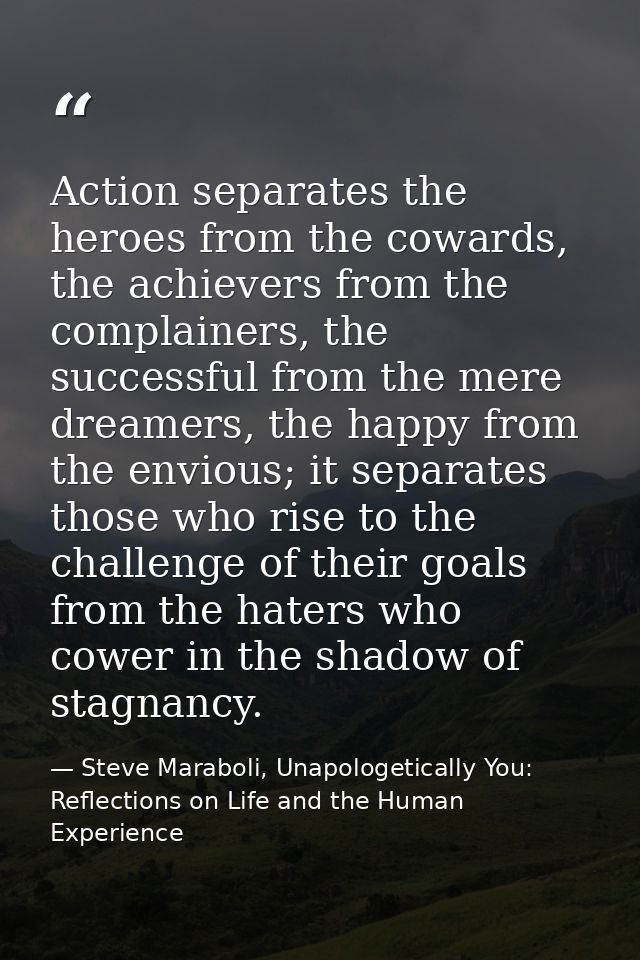 Action separates the heroes from the cowards, the achievers from the complainers, the successful from the mere dreamers, — Steve Maraboli, Unapologetically You: Reflections on Life and the Human Experience