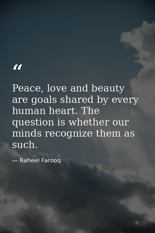Peace, love and beauty are goals shared by every human heart. The question is whether our minds recognize them as such. — Raheel Farooq