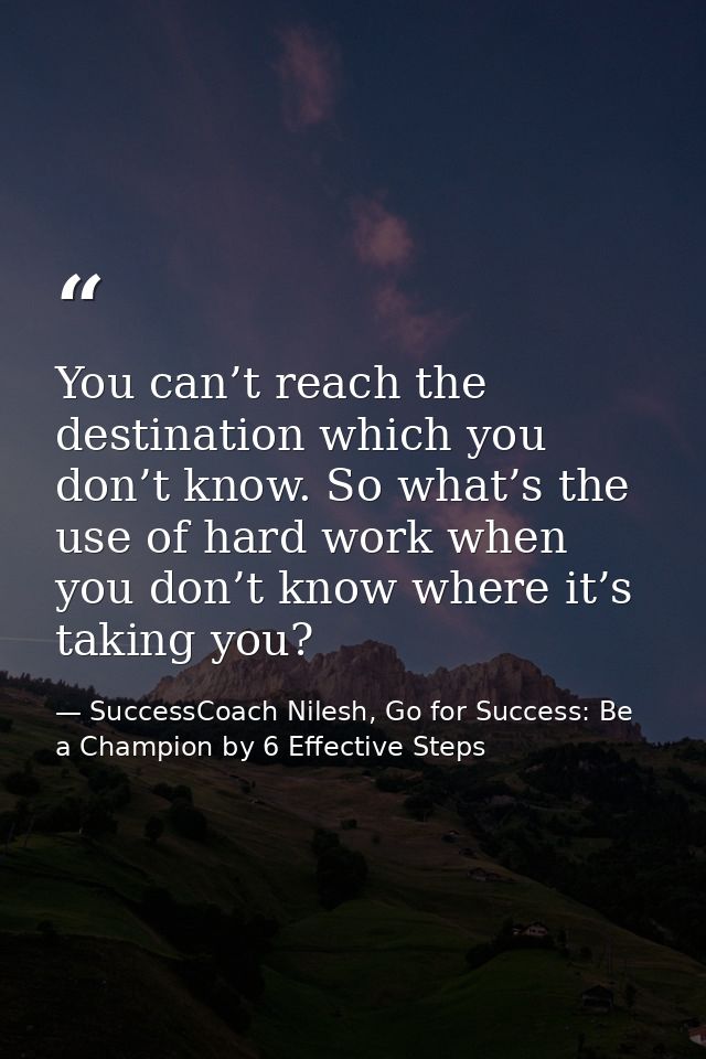 You can’t reach the destination which you don’t know. So what’s the use of hard work when you don’t know where it’s taki — SuccessCoach Nilesh, Go for Success: Be a Champion by 6 Effective Steps