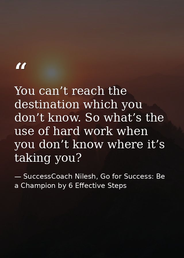 You can’t reach the destination which you don’t know. So what’s the use of hard work when you don’t know where it’s taki — SuccessCoach Nilesh, Go for Success: Be a Champion by 6 Effective Steps