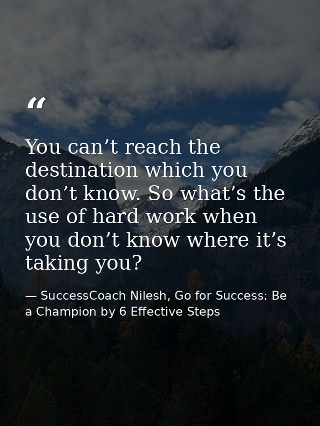 You can’t reach the destination which you don’t know. So what’s the use of hard work when you don’t know where it’s taki — SuccessCoach Nilesh, Go for Success: Be a Champion by 6 Effective Steps