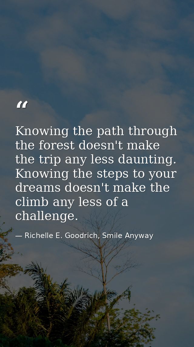 Knowing the path through the forest doesn't make the trip any less daunting. Knowing the steps to your dreams doesn't ma — Richelle E. Goodrich, Smile Anyway