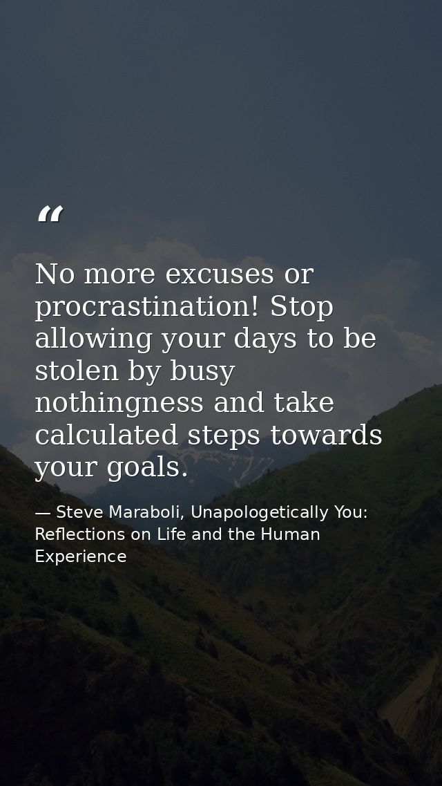 No more excuses or procrastination! Stop allowing your days to be stolen by busy nothingness and take calculated steps t — Steve Maraboli, Unapologetically You: Reflections on Life and the Human Experience