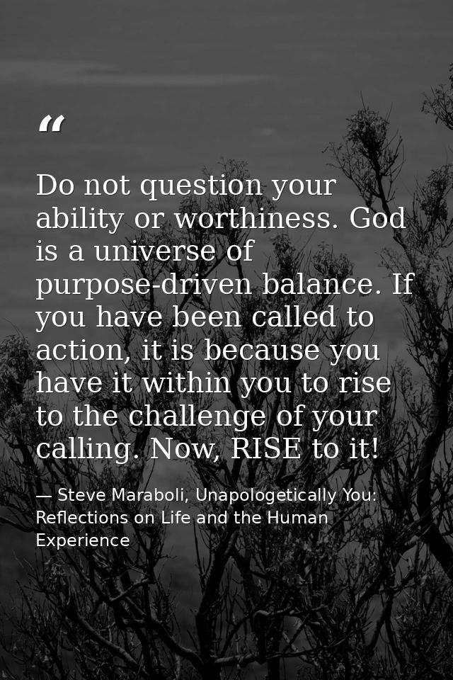 Do not question your ability or worthiness. God is a universe of purpose-driven balance. If you have been called to acti — Steve Maraboli, Unapologetically You: Reflections on Life and the Human Experience