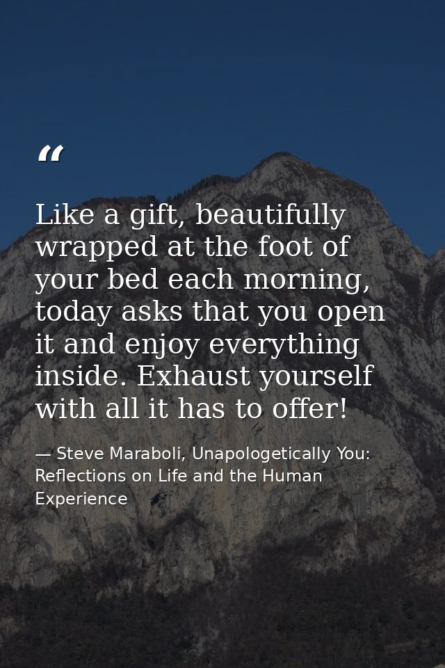 Like a gift, beautifully wrapped at the foot of your bed each morning, today asks that you open it and enjoy everything  — Steve Maraboli, Unapologetically You: Reflections on Life and the Human Experience