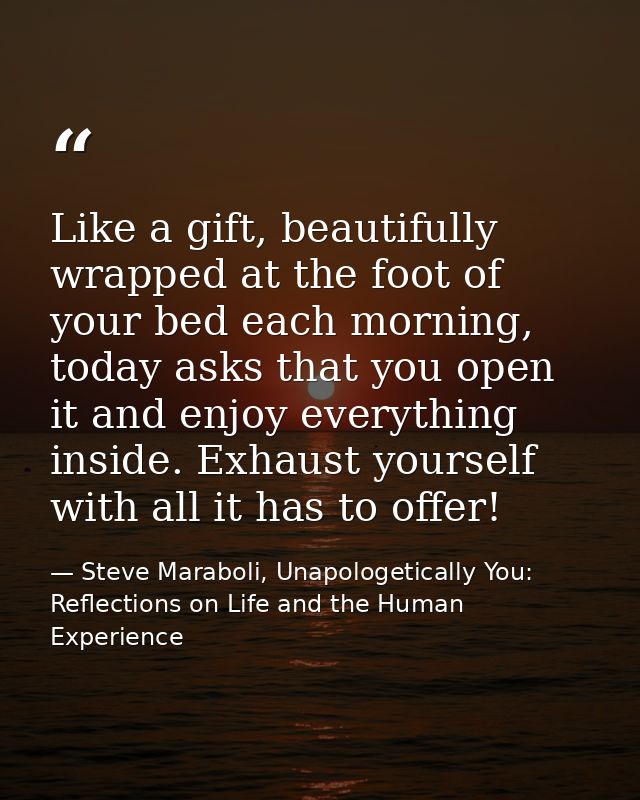 Like a gift, beautifully wrapped at the foot of your bed each morning, today asks that you open it and enjoy everything  — Steve Maraboli, Unapologetically You: Reflections on Life and the Human Experience