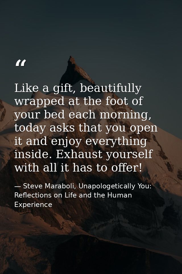 Like a gift, beautifully wrapped at the foot of your bed each morning, today asks that you open it and enjoy everything  — Steve Maraboli, Unapologetically You: Reflections on Life and the Human Experience