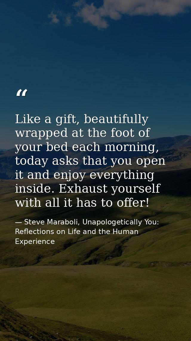 Like a gift, beautifully wrapped at the foot of your bed each morning, today asks that you open it and enjoy everything  — Steve Maraboli, Unapologetically You: Reflections on Life and the Human Experience