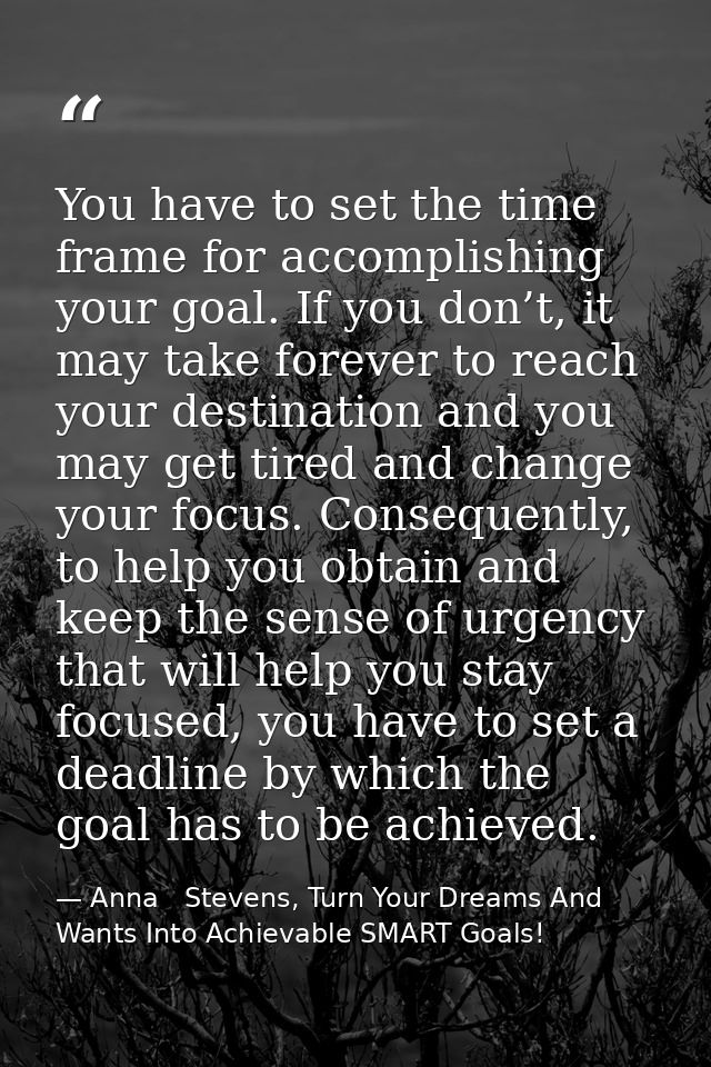 You have to set the time frame for accomplishing your goal. If you don’t, it may take forever to reach your destination  — Anna   Stevens, Turn Your Dreams And Wants Into Achievable SMART Goals!
