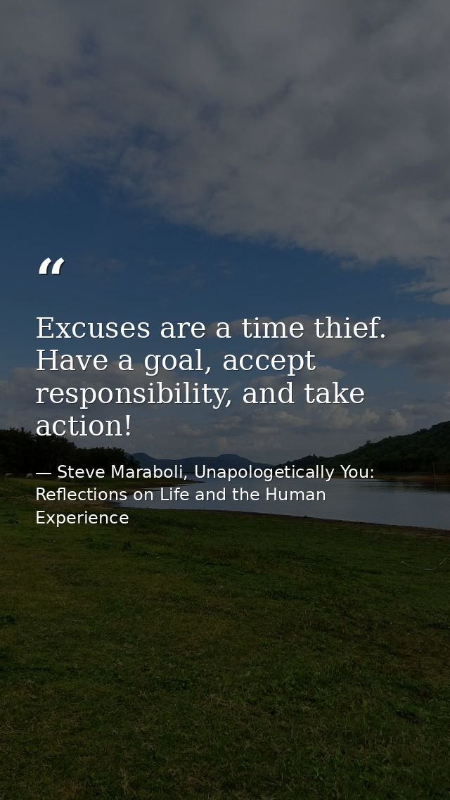 Excuses are a time thief. Have a goal, accept responsibility, and take action! — Steve Maraboli, Unapologetically You: Reflections on Life and the Human Experience