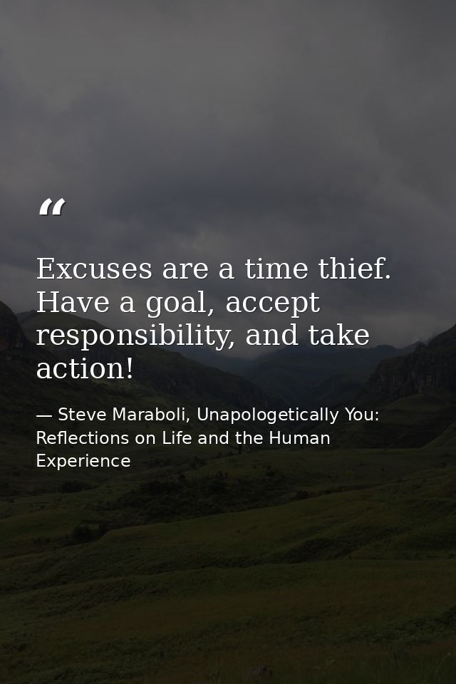 Excuses are a time thief. Have a goal, accept responsibility, and take action! — Steve Maraboli, Unapologetically You: Reflections on Life and the Human Experience