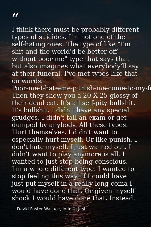 I think there must be probably different types of suicides. I'm not one of the self-hating ones. The type of like "I'm s — David Foster Wallace, Infinite Jest