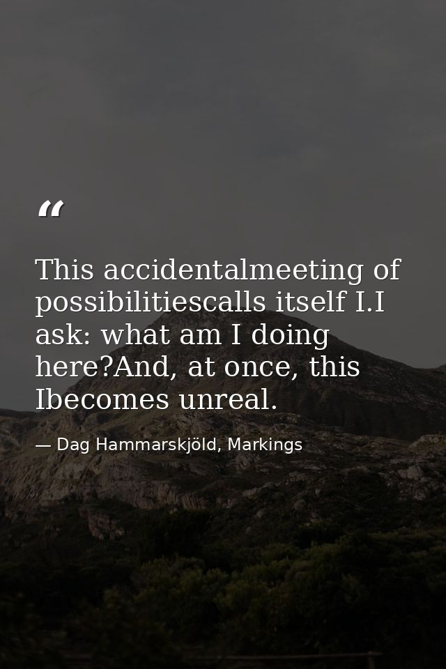 This accidentalmeeting of possibilitiescalls itself I.I ask: what am I doing here?And, at once, this Ibecomes unreal. — Dag Hammarskjöld, Markings