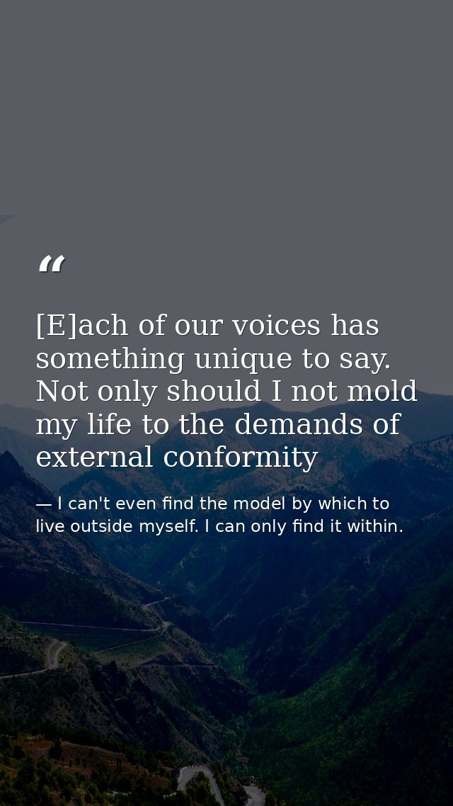 [E]ach of our voices has something unique to say. Not only should I not mold my life to the demands of external conformi — I can't even find the model by which to live outside myself. I can only find it within.