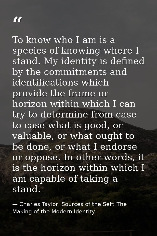 To know who I am is a species of knowing where I stand. My identity is defined by the commitments and identifications wh — Charles Taylor, Sources of the Self: The Making of the Modern Identity
