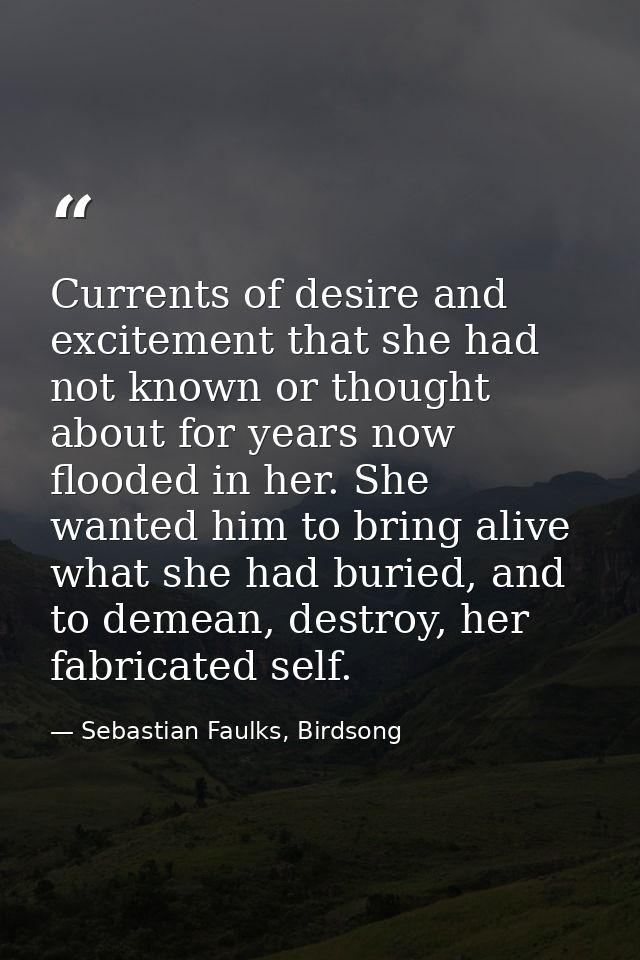 Currents of desire and excitement that she had not known or thought about for years now flooded in her. She wanted him t — Sebastian Faulks, Birdsong