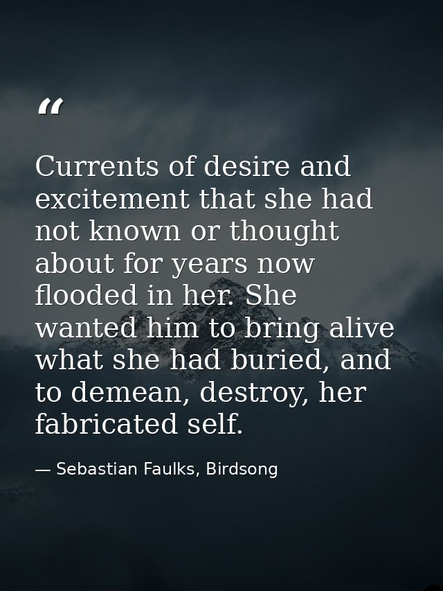 Currents of desire and excitement that she had not known or thought about for years now flooded in her. She wanted him t — Sebastian Faulks, Birdsong
