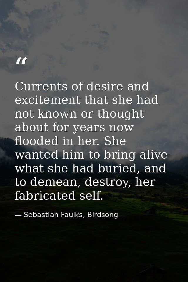 Currents of desire and excitement that she had not known or thought about for years now flooded in her. She wanted him t — Sebastian Faulks, Birdsong