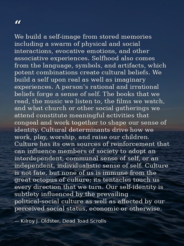 We build a self-image from stored memories including a swarm of physical and social interactions, evocative emotions, an — Kilroy J. Oldster, Dead Toad Scrolls