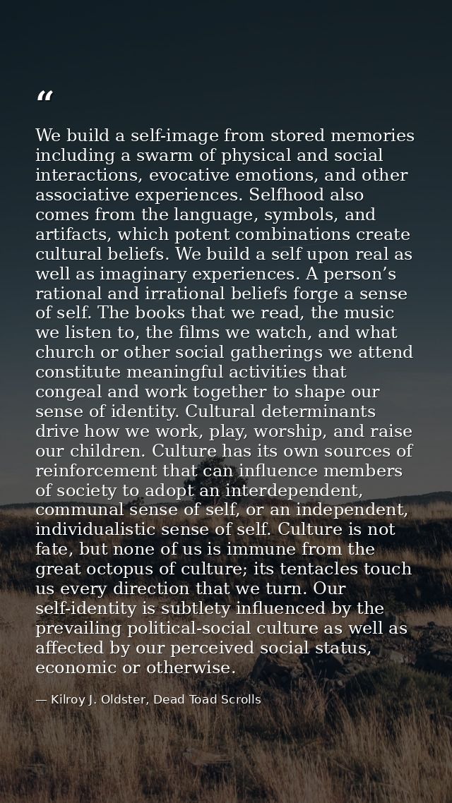 We build a self-image from stored memories including a swarm of physical and social interactions, evocative emotions, an — Kilroy J. Oldster, Dead Toad Scrolls