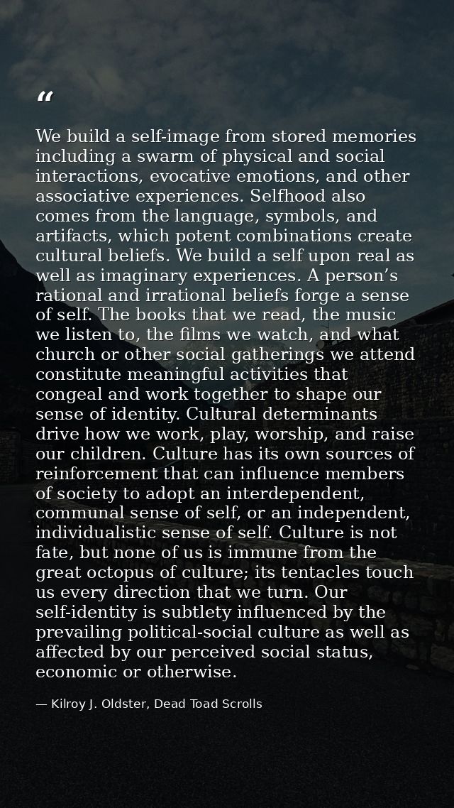 We build a self-image from stored memories including a swarm of physical and social interactions, evocative emotions, an — Kilroy J. Oldster, Dead Toad Scrolls