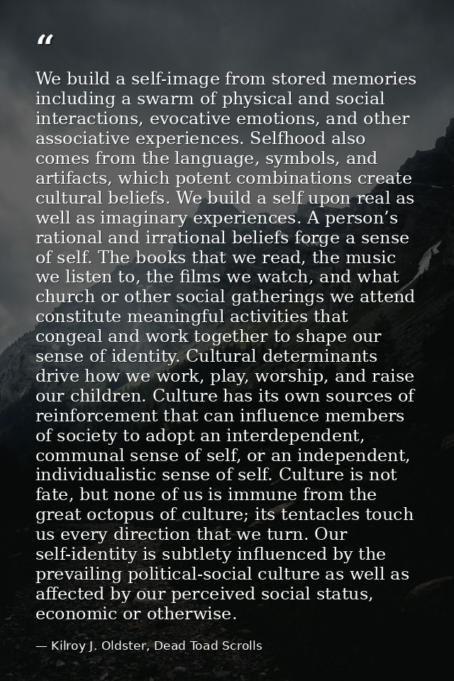 We build a self-image from stored memories including a swarm of physical and social interactions, evocative emotions, an — Kilroy J. Oldster, Dead Toad Scrolls