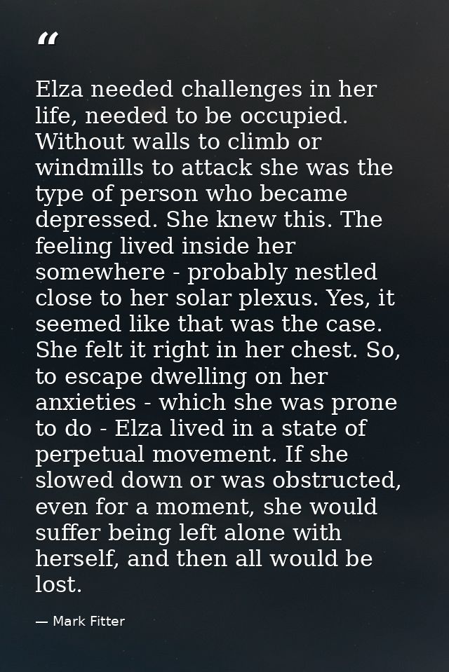 Elza needed challenges in her life, needed to be occupied. Without walls to climb or windmills to attack she was the typ — Mark Fitter
