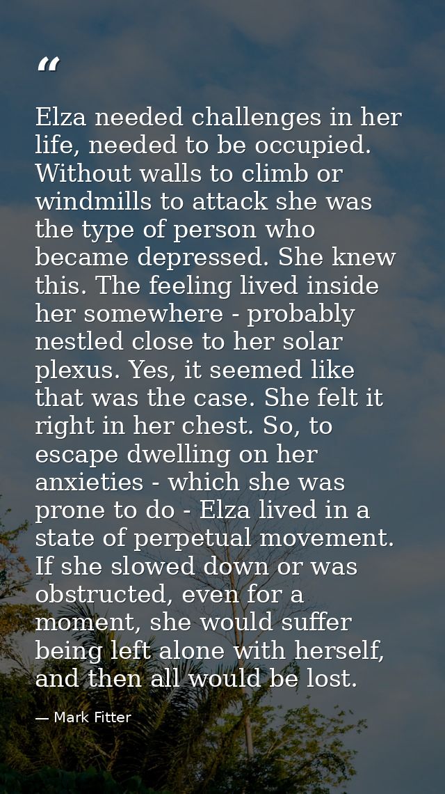 Elza needed challenges in her life, needed to be occupied. Without walls to climb or windmills to attack she was the typ — Mark Fitter