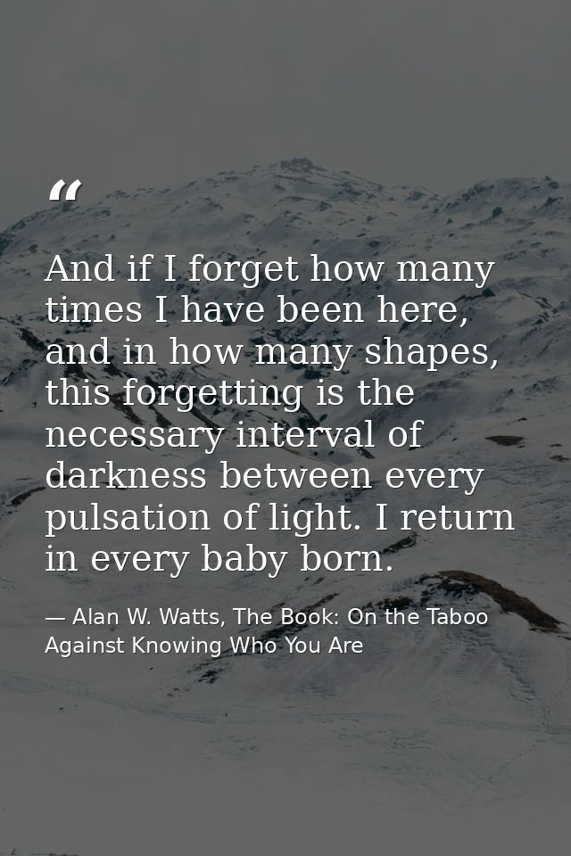 And if I forget how many times I have been here, and in how many shapes, this forgetting is the necessary interval of da — Alan W. Watts, The Book: On the Taboo Against Knowing Who You Are