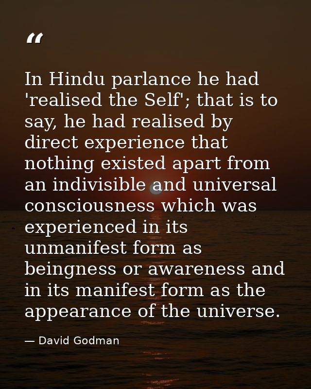 In Hindu parlance he had 'realised the Self'; that is to say, he had realised by direct experience that nothing existed  — David Godman