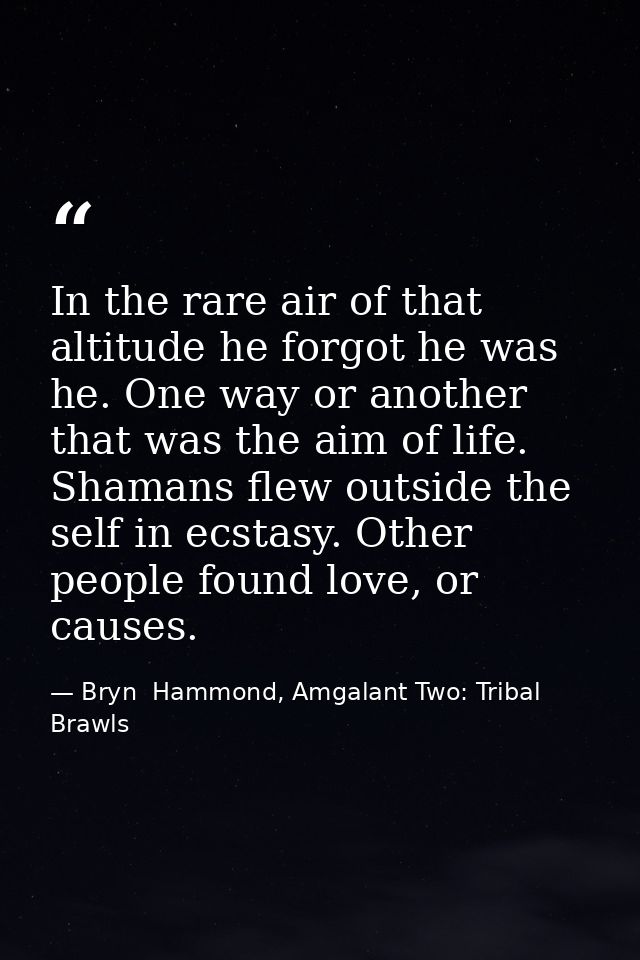 In the rare air of that altitude he forgot he was he. One way or another that was the aim of life. Shamans flew outside  — Bryn  Hammond, Amgalant Two: Tribal Brawls