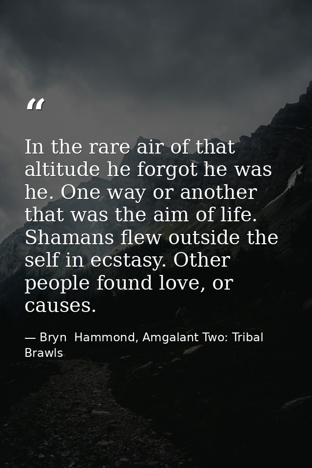In the rare air of that altitude he forgot he was he. One way or another that was the aim of life. Shamans flew outside  — Bryn  Hammond, Amgalant Two: Tribal Brawls