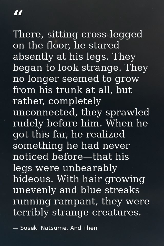 There, sitting cross-legged on the floor, he stared absently at his legs. They began to look strange. They no longer see — Sōseki Natsume, And Then